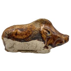 Chinese Tang Dynasty part chestnut glazed Boar, the head facing forwards with incised arched mane, L12cm x W4.5cm