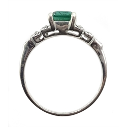 Silver green stone and marcasite stepped design ring, stamped 925