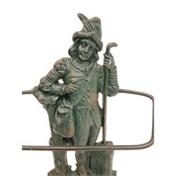 Victorian cast iron stick or umbrella stand, figure of Dick Whittington back, inset drip tray registration number to the reverse, in antique green finish