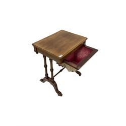 Victorian walnut worktable, fitted with one frieze drawer and well beneath, over four turned columns, terminating in ceramic castors W56cm, H70cm, D43cm 