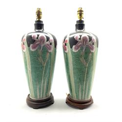 Pair of Oriental design  ceramic table lamps decorated with irises on wooden bases H43cm