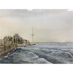 Heather Cobb (British 20th century): 'Norfolk Coast'; Mill House with Fisherman and 'Royal Yacht Squadron Cowes', two oils on board and a watercolour (respectively) signed together with 19th century hand-coloured engraving of 'Appuldurcombe' max 25cm x 35cm (4)