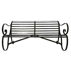 Early-mid 20th century strapwork black painted iron garden bench, with scroll arms and supports
