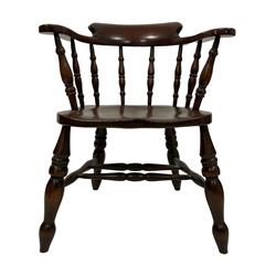 20th century elm and beech Captain’s elbow chair, dished seat on turned supports joined by double H stretcher 
