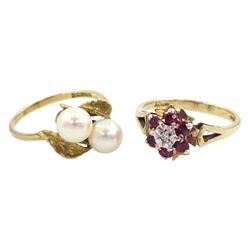 Gold ruby and diamond cluster ring and a gold two stone cultured pearl crossover ring with leaf shoulders, both hallmarked 9ct