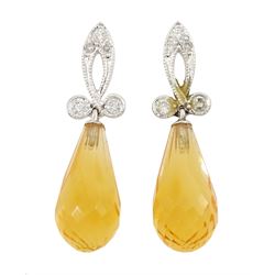 Pair of 18ct white gold briolette citrine and milgrain set diamond pendant stud earrings, London 2004
