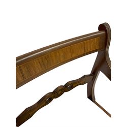 Regency style elbow chair, the inlayed cresting rail over carved and pierced back rail, over drop in seat pad, raised on sabre supports (W50cm) together with Edwardian side table, fitted with one drawer on square supports