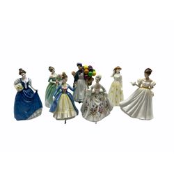 Royal Doulton figures comprising: Biddy Penny Farthing HN1843, Happy Birthday HN3660, Susannah HN4221, Diana HN2468, Helen HN3601, Leading Lady HN2269 and Kathleen HN3609 (Second) (7)