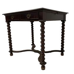 William and Mary design mahogany and stained beech side table, rectangular top with twin brushing slides to each side, fitted with two cock-beaded drawers, raised on spiral turned supports united by curved X-stretcher 