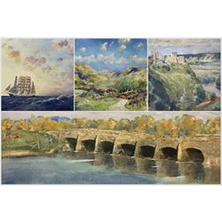 Rear Admiral Humfrey John Bradley Moore RI (British 1898-1985): 'River Arun near Bury Sussex'; Ruined Chateaux; Sailing Ship and Mountainous Landscape, set four watercolours signed max 42cm x 48cm (4) (unframed)
Notes: Moore was a friend of Russell Flint's and sitter for one of the rare portraits painted by him - both were members of the Arts Club, and both had served in the Royal Navy during WWI. 
