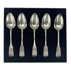 Five William IV Irish silver fiddle pattern table spoons engraved with a crest of a deer Dublin 1834 Maker John Pittar
