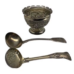 Silver pedestal bowl engraved with the crest of the Worshipful Company of Mercers D10cm x H8cm Sheffield 1904 Maker Levesley Bros.,19th century silver sifting spoon and a sauce ladle 7.6oz 