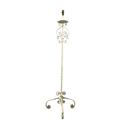 18th century style wrought iron lamp standard, with scrolled decoration and raised on three scrolled supports H140cm