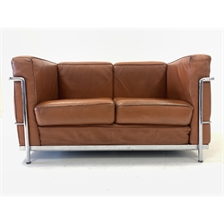 After Le Corbusier - Mid 20th century two seat sofa with chrome frame and brown leather upholstered arm rests and loose cushions