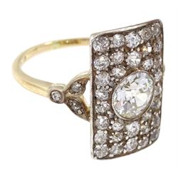 Austrian/German Art Deco 14ct gold and silver old European cut diamond panel ring, the central diamond of approx 0.60 carat, with pave set diamond surround, circa 1930's, stamped 585