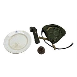 WW2 RAF plate, 1916 artillery shell fuze, safety torch and a green canvas and leather pilot's flying helmet (4)