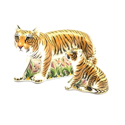 Royal Crown Derby 'Sumatran Tigress' paperweight and another 'Sumatran Tiger Cub' both boxed and with gold stoppers