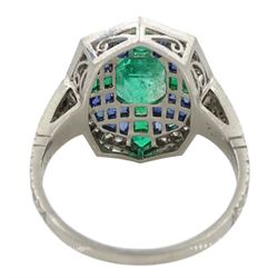 Platinum emerald, sapphire and diamond dress ring, with diamond set shoulders, stamped Plat, emerald approx 1.08 carat, total sapphire weight approx 0.68 carat