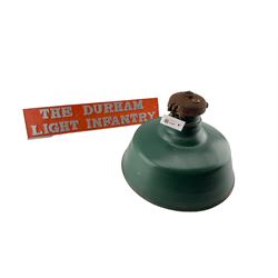 Vintage green enamel industrial light shade D41cm and reproduction 'The Durham Light Infantry' plaque (2)