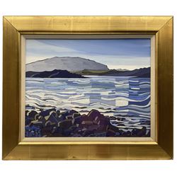 Jennifer Irvine (Scottish 1956-): 'The Sound of Shuna Argyll', oil on canvas signed, artists label and address verso 39cm x 50cm