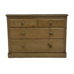 Pine chest of drawers, the rectangular top with moulded edge over two short and three long drawers, raised on a plinth base