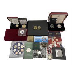 United Kingdom 2007 brilliant uncirculated coin collection, 2008 proof coin collection, 2015 'Sir Winston Churchill' fine silver twenty pounds, Pobjoy Mint 'The Copper inlaid HMS Victory Coin Set', The London Mint office 2006 'The jewelled Queen's 80th Birthday Golden Crown' sterling silver coin, 2007 five pounds and other coinage, in one box