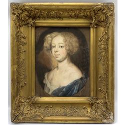 After Sir Peter Lely (Dutch 1618-1680): Portrait of Lady in 17th Century Costume, watercolour on paper in painted oval unsigned 26cm x 20cm