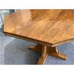 Peter 'Rabbitman' Heap of Wetwang - Yorkshire oak octagonal dining table, adzed detailed top raised on centre column featuring rabbit signature, supported by sledge feet (D122cm, H73cm)