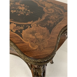  19th century French kingwood marquetry games table, the serpentine floral inlaid fold over revolving top revealing baize lined playing surface, shaped apron and slender cabriole supports with ormolu mounts, W87cm, H78cm, D45cm  