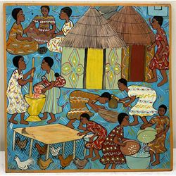 Chirwa (Zimbabwean Contemporary): Village Scene with figures playing Nhodo, oil on board signed, inscribed on partial label verso 30cm x 30cm (unframed)