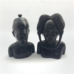  Pair of African carved busts of a man and woman, H34cm  