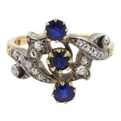 Art Nouveau sapphire and diamond openwork ring, the shank with engraved scroll decoration