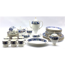 Wedgwood Blue Siam dinner, coffee and part tea service comprising six dinner plates, six side plates, six bowls, six coffee cups and saucers, six tea plates, coffee pot, tea pot, two sucier, milk jug, cream jug and oval serving bowl