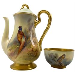 Royal Worcester coffee pot and sugar bowl by James Stinton, the coffee pot of baluster form, hand painted with Pheasants in a woodland landscape, the sugar bowl painted with a Barn Owl perched on a branch, with gilt interior, each signed JAS Stinton, with puce printed marks beneath and date codes for 1934 and 1937, H18.5cm max