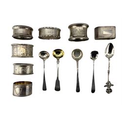 Engine turned silver serviette ring, six others, four various early 19th century silver condiment spoons and one other spoon 
