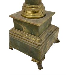 19th century onyx torchere, the square top above a gilt metal Corinthian capital, plain tapering column on stepped gilt metal square base, H111cm 