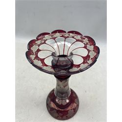 19th century Bohemian ruby flash cut glass table lustre, the central column etched with a stag in a woodland setting, and grapes & vine leaves to the base, lacking drops H26cm
