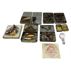 Collection of Fishing tackle to include Alcocks Aquatic Spider fly rod lure in the original tin, two Hardy Bros fishing spoons, one copper and the other plated, Hardy Bros Devon Minnow type lure, various flies etc
