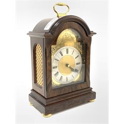 Regency design small bracket clock by Knight's & Gibbons, the arched mahogany case enclosing a brass dial with silvered Roman numeral chapter ring, chiming the hours on a single bell, floating balance (W16cm) together with a boxed Chinese import ceramic tea set