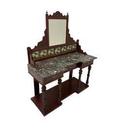 20th century mahogany wash stand, the raised mirror back and break front marble top over three drawers and a pot board base, raised on castors 