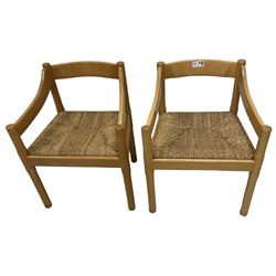 Vico Magistretti for Habitat - set of ten (6+4) beech 'Carimate' dining chairs circa. 1960s, curved back bar over drop-in rush seat, raised on cylindrical supports