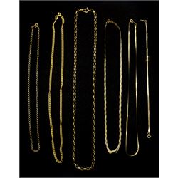 Five 9ct gold necklaces and a 9ct gold bracelet, all hallmarked or stamped