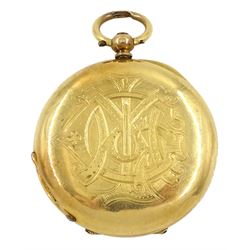 Early 20th century 18ct gold half hunter key wound cylinder fob watch, white enamel dial with Roman numerals, back case monogrammed, stamped K 18