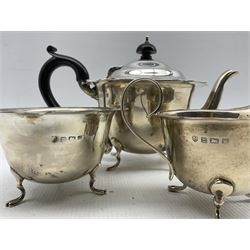 Silver three piece tea set of circular form with crimped rims Birmingham 1944/6 Maker Williams Birmingham Ltd 20oz