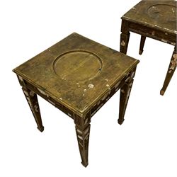 Pair of 20th century giltwood and gesso vase or lamp side table, the moulded square top with circular central recess, decorated with applied foliage and flower head mouldings, on square tapering supports with spade feet