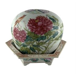 Chinese famille rose jar decorated with script, birds and flowers with associated cover and a 19th century famille rose hexagonal stand with roundels W25cm