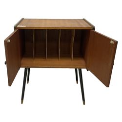 Mid-20th century teak LP record cabinet, enclosing five divisions, on splayed ebonised supports