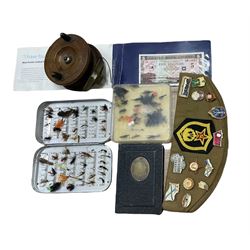 George Best £5 note, wooden fishing reel, fishing flies, USSR cap with various badges etc 