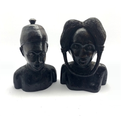  Pair of African carved busts of a man and woman, H34cm  