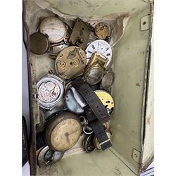 Quantity of pocket watch and wristwatch parts in three tin boxes 